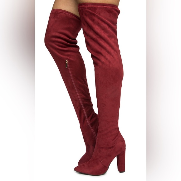 BAMBOO Red Over-the-Knee Boots with Suede Finish - Picture 2 of 10